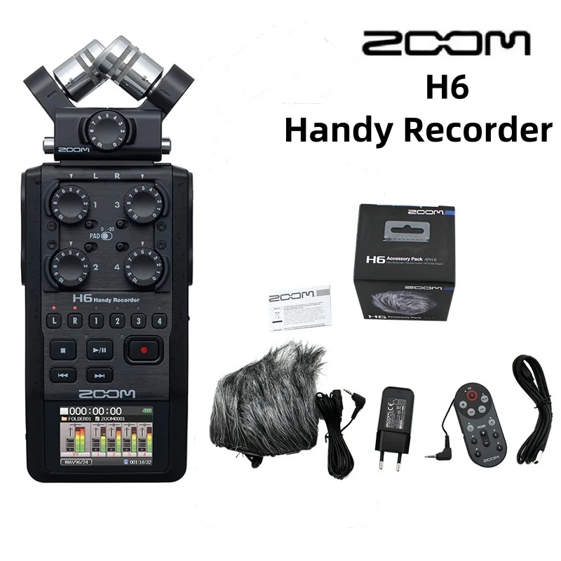 Zoom H6 Black Portable Recorder 4 XLR/TRS Inputs USB Audio Interface Stereo Microphones digital voice recorder with accessory