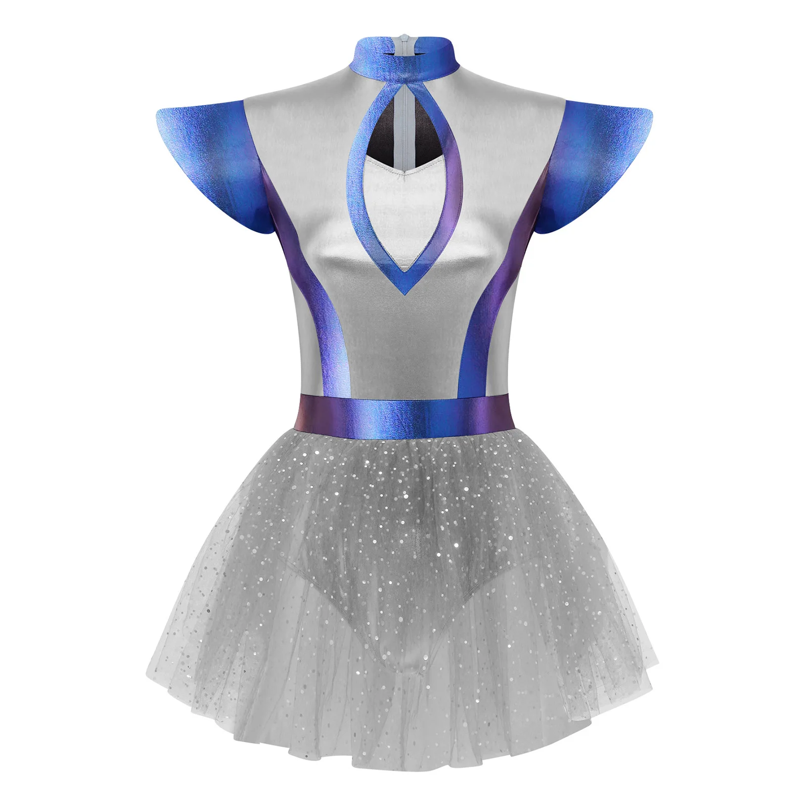 

Womens Alien Cosplay Dress Fly Sleeve Front Hollow Out Metallic Shiny Patchwork Built-in Briefs Dress for Halloween Space Party