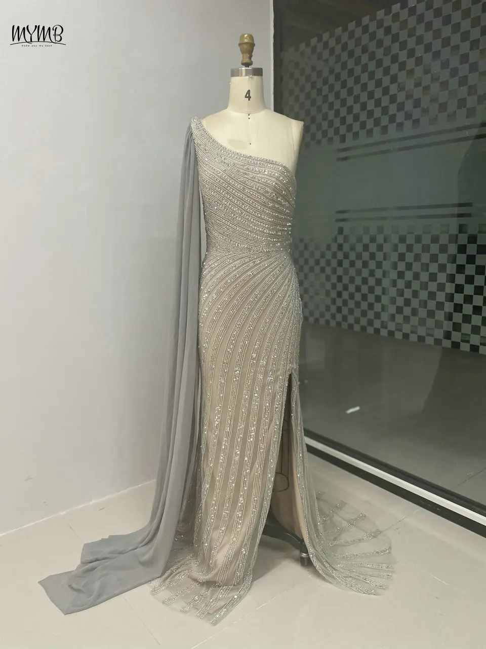 MYMB-traje elegante de un hombro con manga de capa para mujer, traje de noche champán, vestidos largos de fiesta Gorgerous con cuentas de sirena, abertura alta