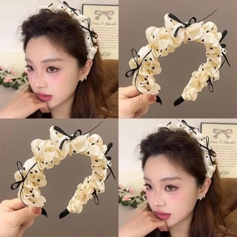 2pcs Vintage Polka Dot Bow Headband Women Hair Hoop High Cranial Top Princess Style Hairband Daily Makeup Washing Hair