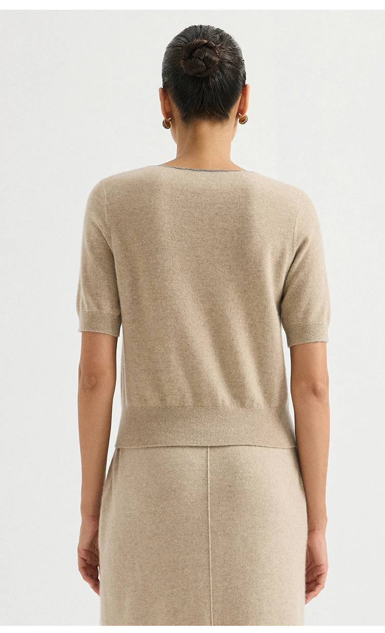 BD3621750 Damen-Pullover aus 100% Kaschmir mit V-Ausschnitt, kurzen Ärmeln, hängendem Kettendetail, weich, dezenter Luxus, elegant, für den frühen Herbst. – Detail 6