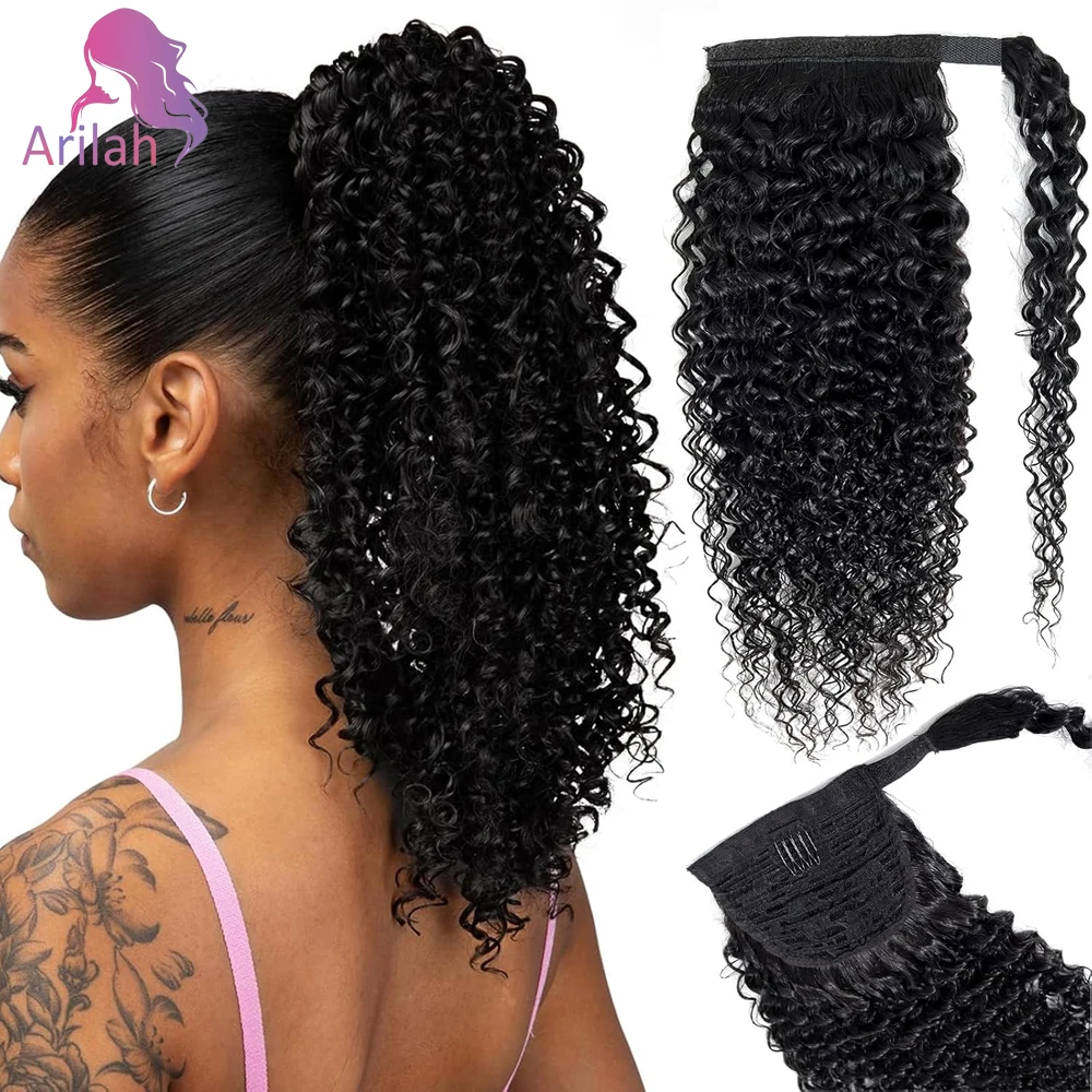 12A Grade Kinky Curly Wrap Around Ponytail Human Hair Ponytail Extension For Women Brazilian Virgin Hair Natural Color