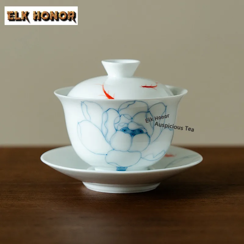 120ml White Porcelain Hand-painted Lotus Rhythm Gaiwan Handmade Tea Tureen Tea Bowl with Lid Kit Tea Maker Cover Bowl Cha Craft