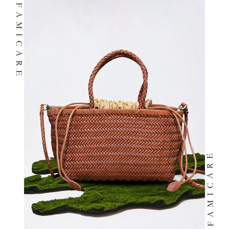 Stylish Retro Women Shoulder Bag Split Leather Woven Tote Bags with Removable Lining Lady Multifunctional Elegant Crossbody Bag