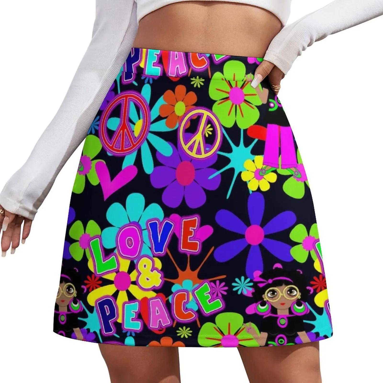 Groovy Hippie Flower Power Love & Peace Colorful 60's Retro Pattern Mini Skirt dress women summer Kawaii Mini Skirt