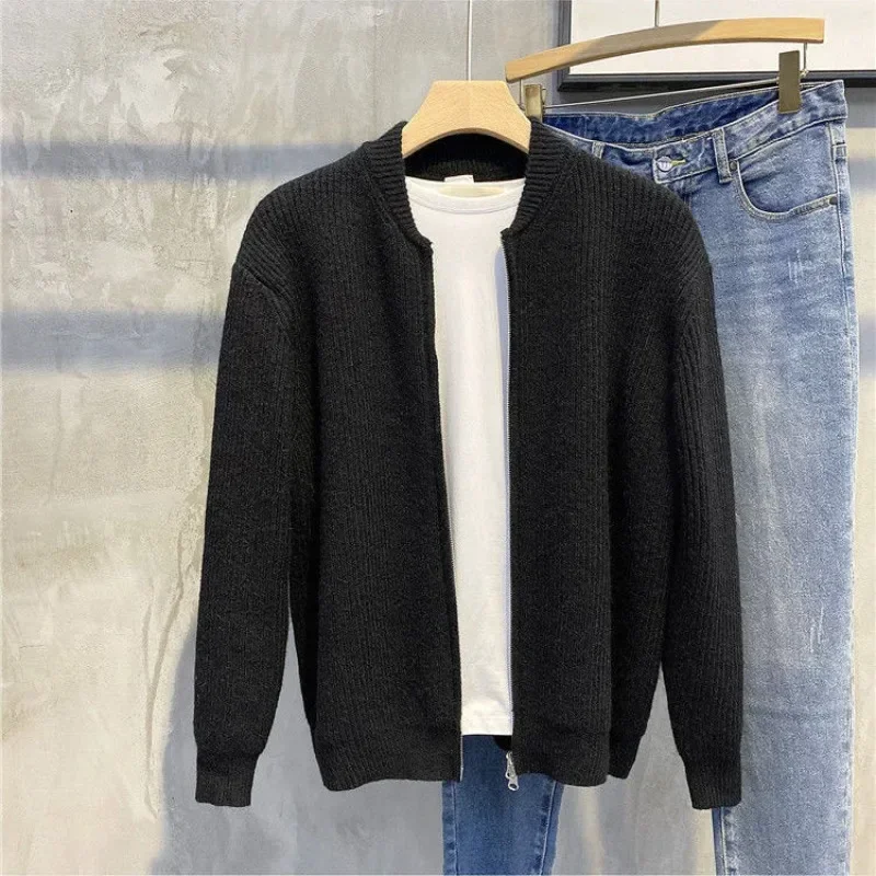 Knitted Sweaters for Men Black Man Clothes Plain Y2k Vintage Cardigan Solid Color Zip-up Zipper Collared Long Sleeve 100% Tops A