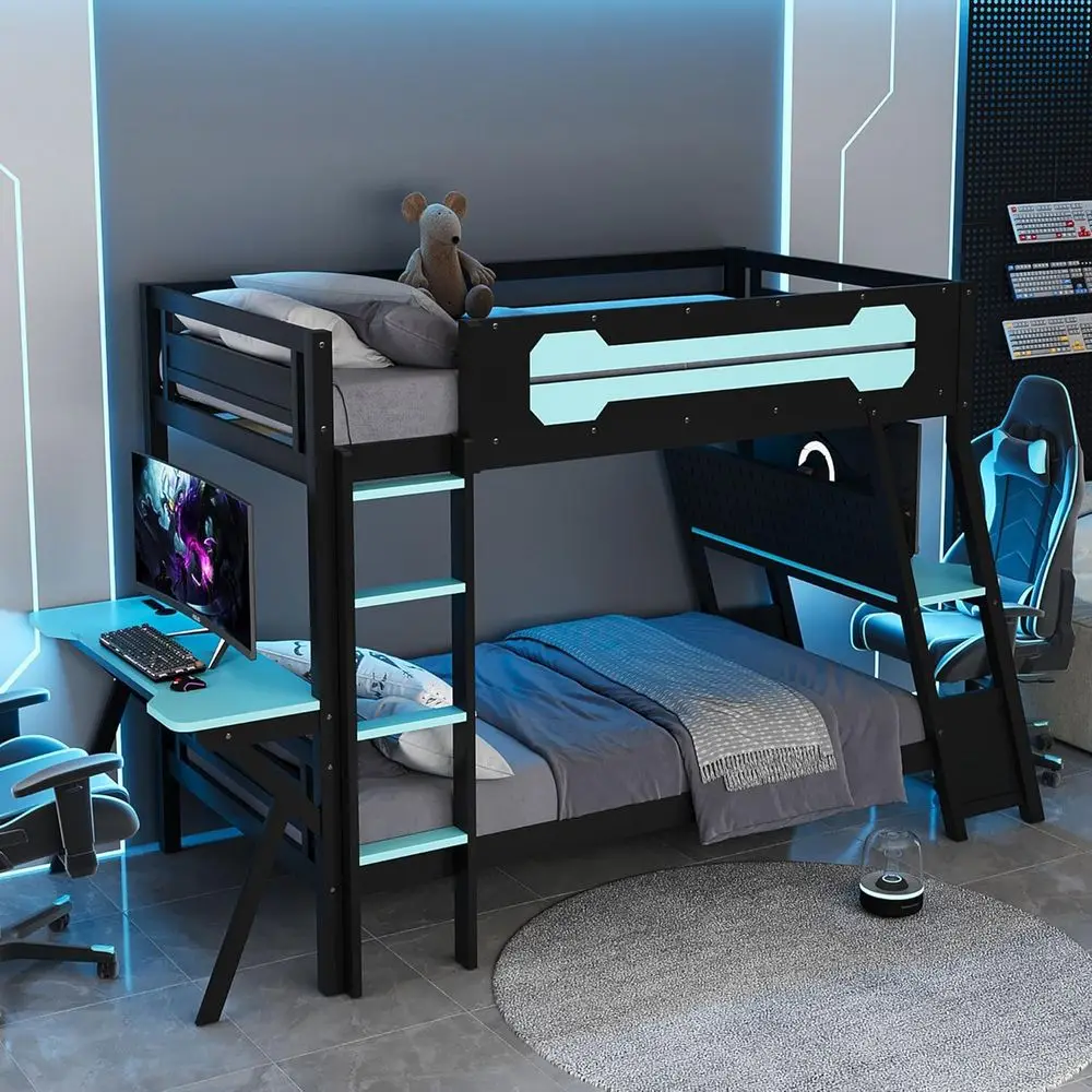 Twin Size Gaming Bunk Bed with 2 Desks, USB Ports, and Pegboard Storage for Kids and Adults (Blue, 12.5) view 3