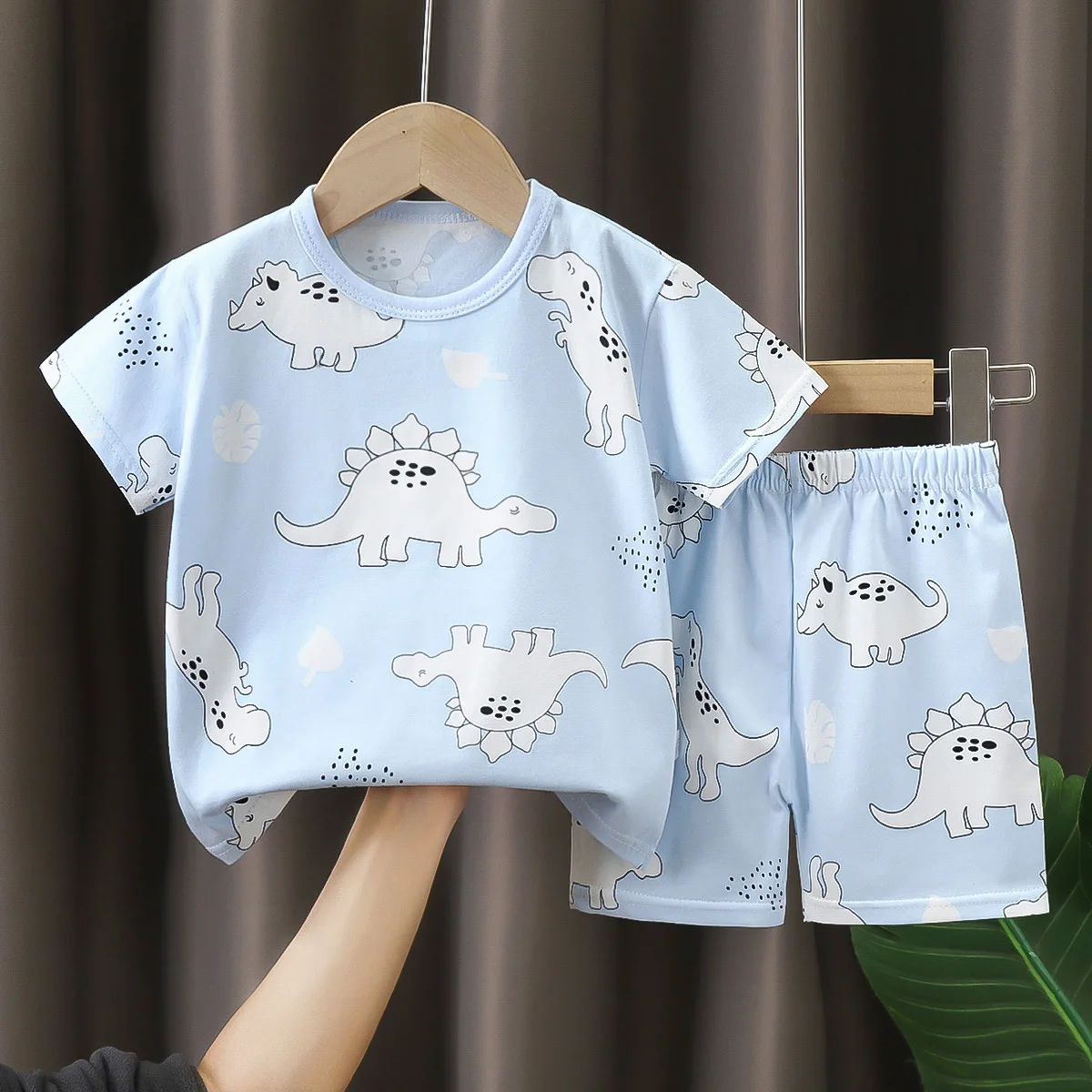 Summer Boys Girls Short Sleeved Suit Cartoon Dinosaur Print Cotton Top +Shorts 2pcs Set Children Unisex Kids Pyjamas Suit 0-4T