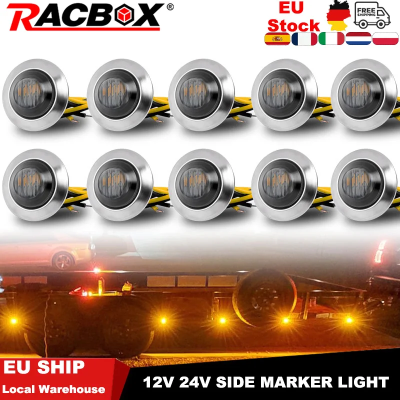 10/20pcs Round LED Side Marker Light Yellow Clearance Indicators Lamp for Truck Bus Trailer Van Caravan Boat Taillight 12V 24V