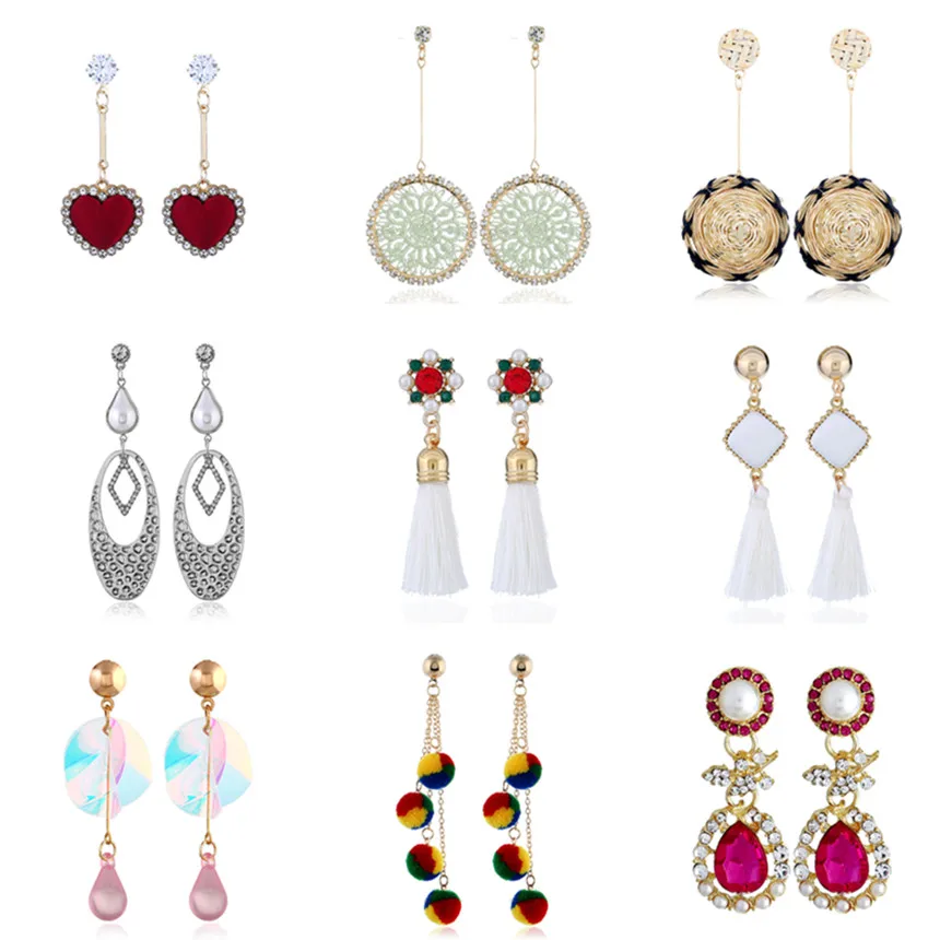 New Square Tassel Hot Yarn Woven Round Rhinestone Geometric Hat Grass Rattan Earrings Women's Fashion Jewelry Pendant Gift