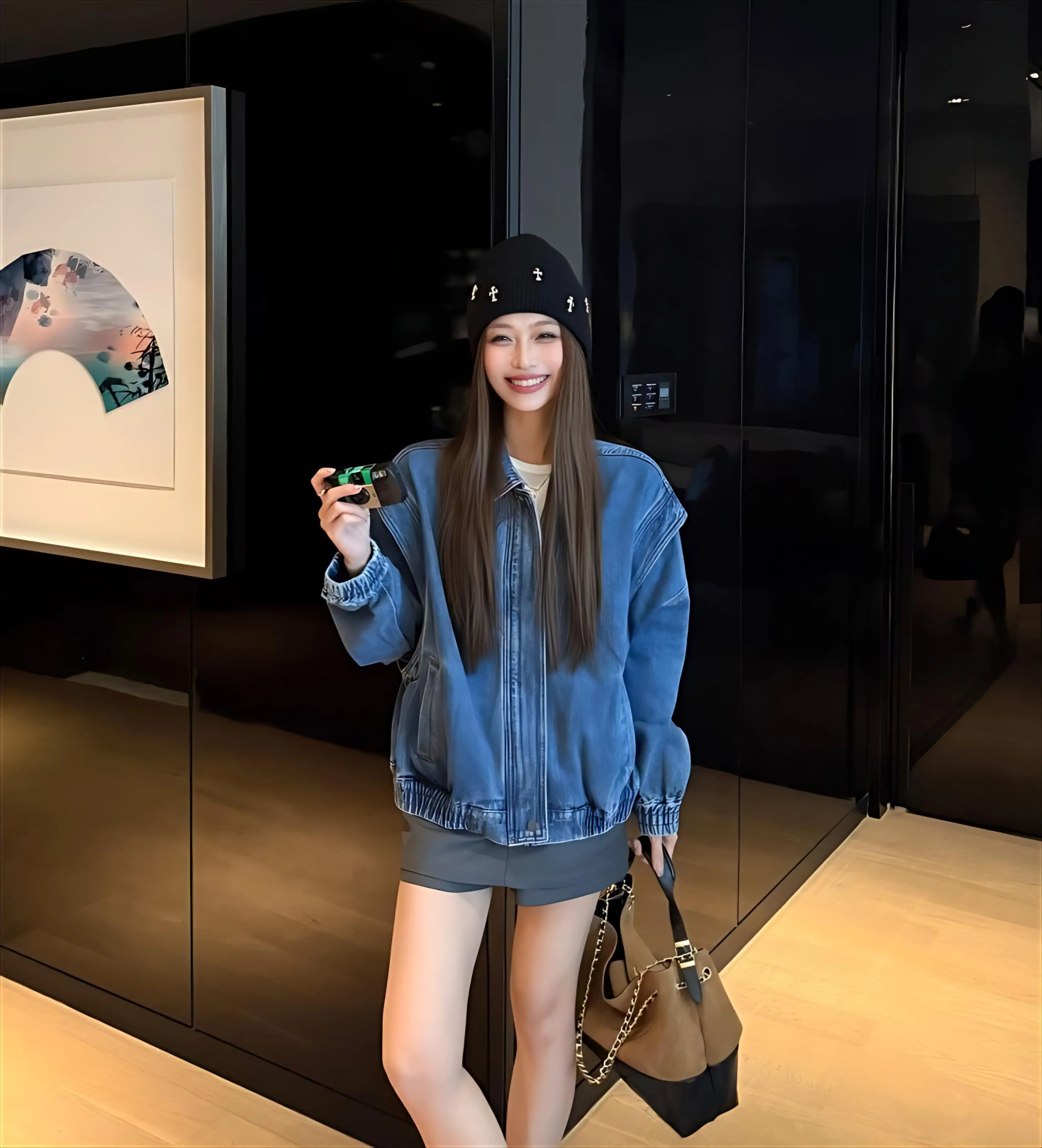 

Denim Coat Gold Zipper Womens Autumn Fleece Blended British Style Bomber Cycling Snap Button Subcultural Sashes Collared Jackets