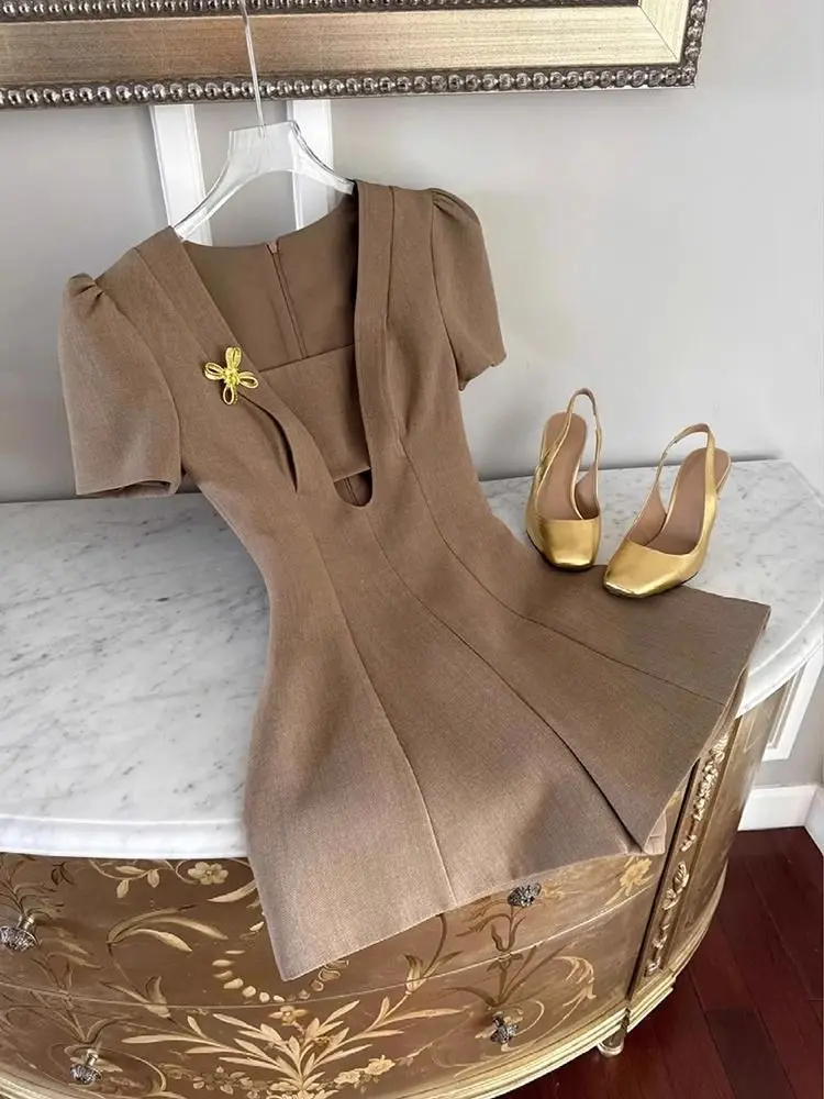 

Ele Brown Bubble Sve Jumpsuit Summer Outdoor Fre Meat Covering ort Pants High Waist Wide Leg Commute Sle Polyest...