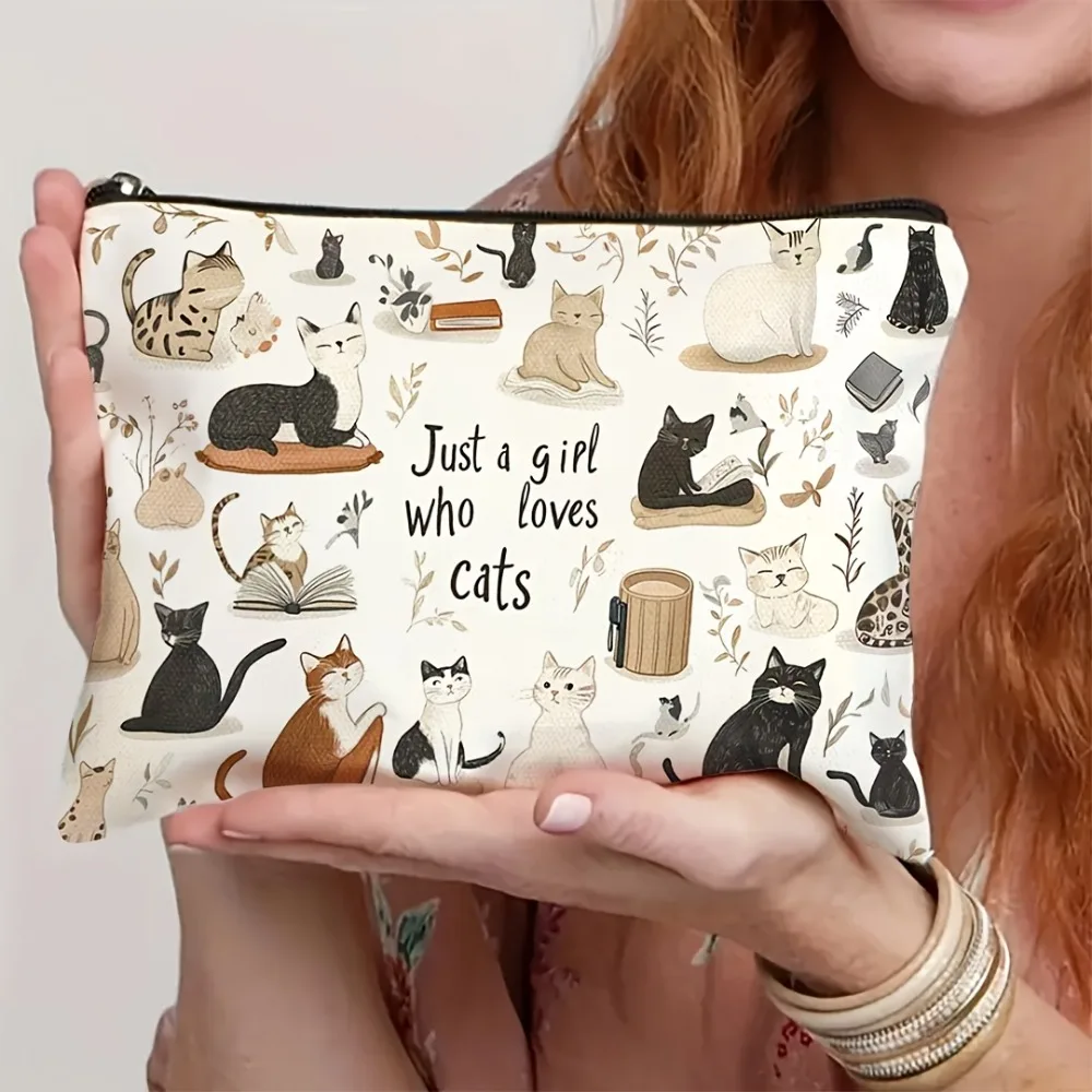Cat Canvas Cosmetic Bag Zipper Pouch with Kitty Print Who Loves Cats Portable Travel Toiletry Case Pet Lover Gift Accessories