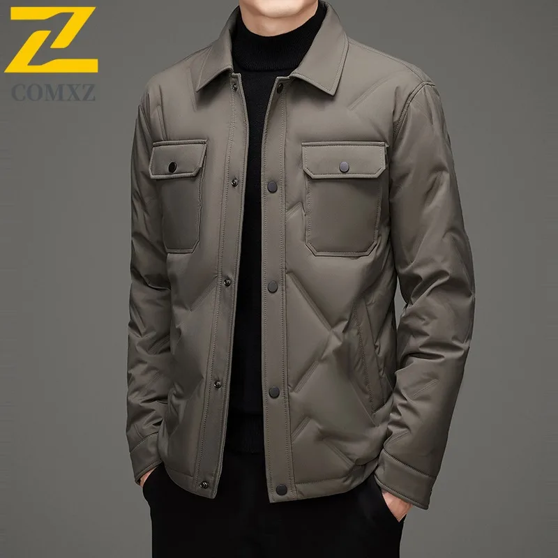 COMXZ Mens Down Jacket Turndown Collar Outdoor Work Warm Puffer Jackets Casual Single Row Button Travel Lightweight Winter Coat