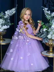 A Line Purple Pageant Dresses Tiered Floral Appliqued Kids Birthday Gowns Charming Tea Length Children Wedding Guest Dresses