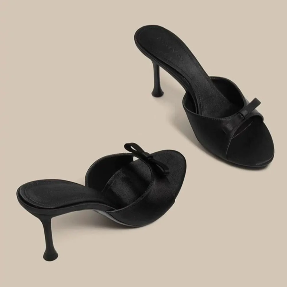 Designer Thin High Heel Summer Women Slippers Fashion Satin Butterfly-knot Dress Slides Ladies Sexy Stripper Party Sandals