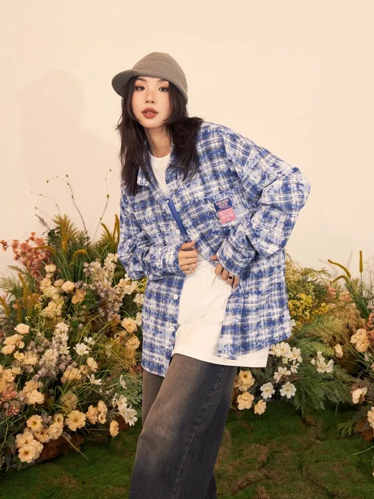 Tawaaiw American Retro Blue Plaid Shirt Women Long Sleeve Loose Turn-down Collar Autumn Spring Button Up Female Blouse Tops Chic