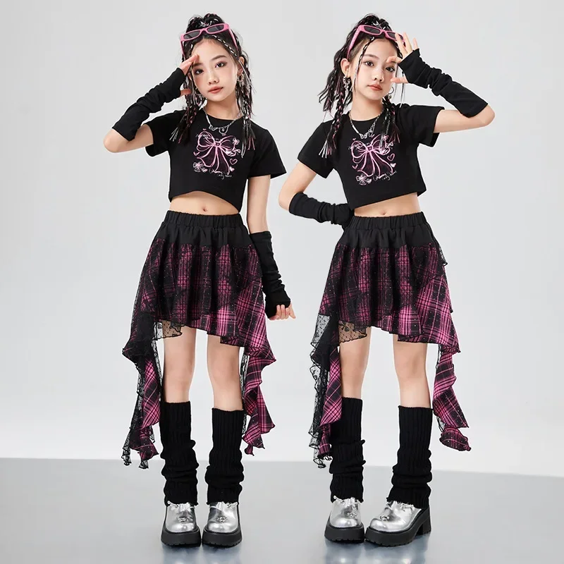 Hip Hop Girls Crop Top Street Dance Gauze K-pop Jazz Cheerleader Costumes Clothes Sets Plaid Skirts Kids Streetwear Children