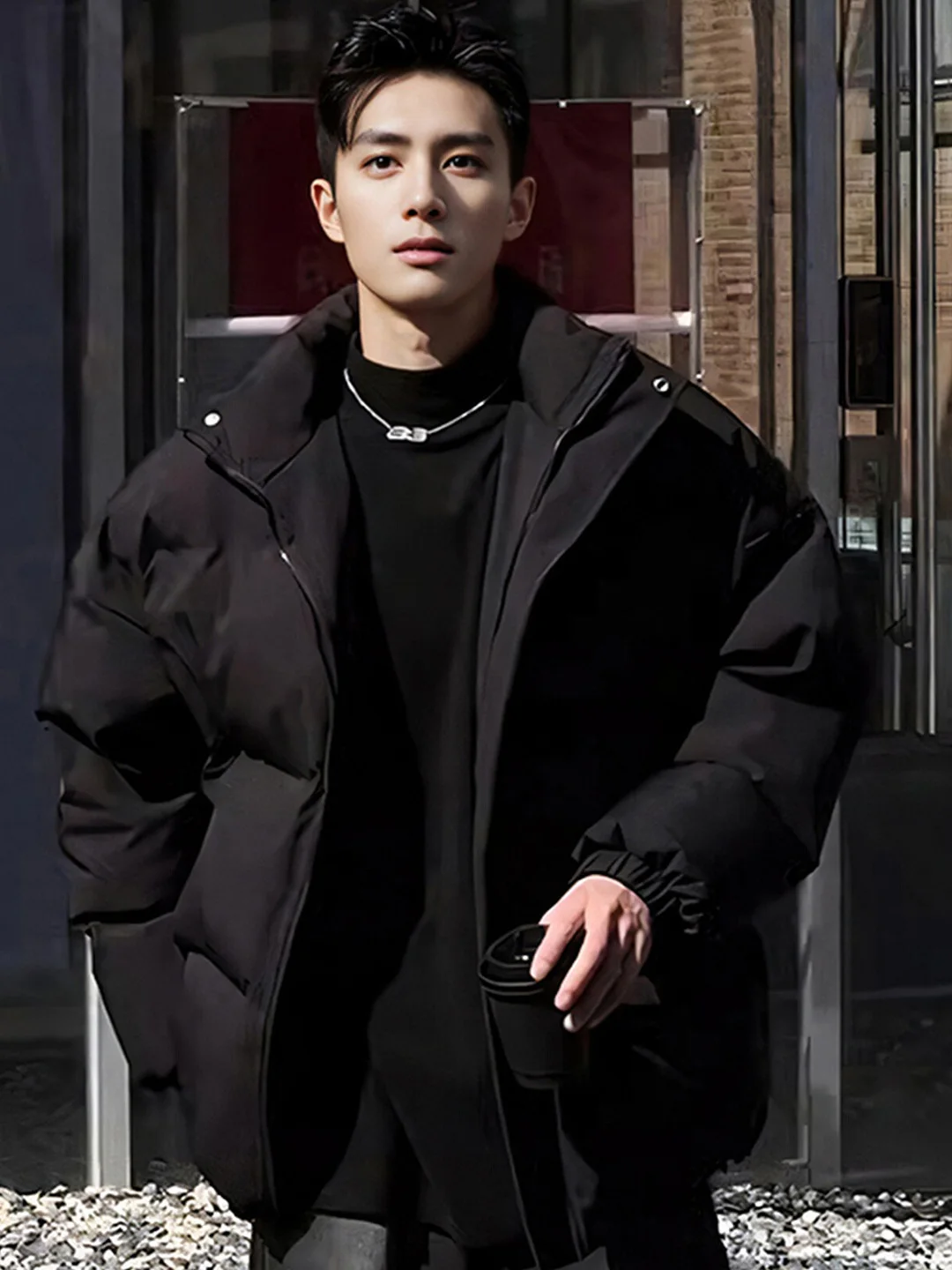 

Корейская мужская утепленная куртка-пуховик с воротником-стойкой, свободного кроя, черная, Haome Duling Coat