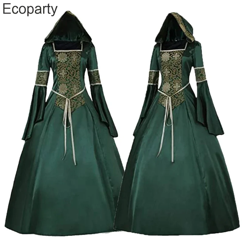 

New Women Medieval Gothic Queen Cosplay Costume Renaissance Vintage High Waist Long Sleeved Hood Maxi Dress Victorian Costumes