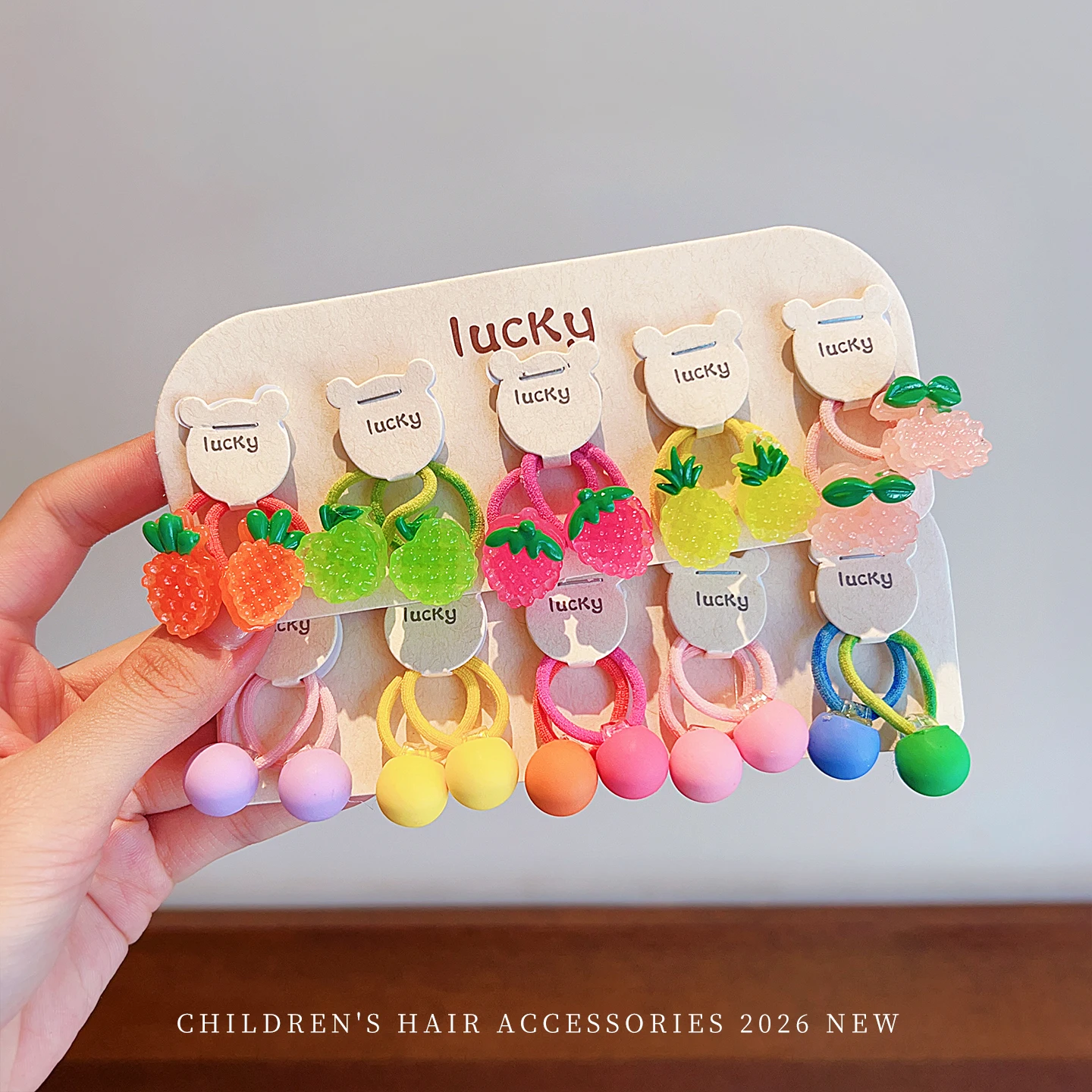 10 Stück/Set Cartoon-Bär Frucht Blume Schmetterling Haargummis Regenbogenfarben Acrylharz Haar-Accessoires für Mädchen Kinder Baby Geschenk – Detail 4