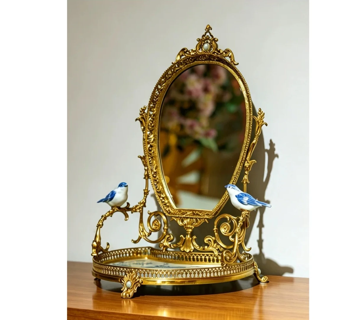Retro makeup mirror, desktop desktop bedroom dresser, premium mirror with tray storage