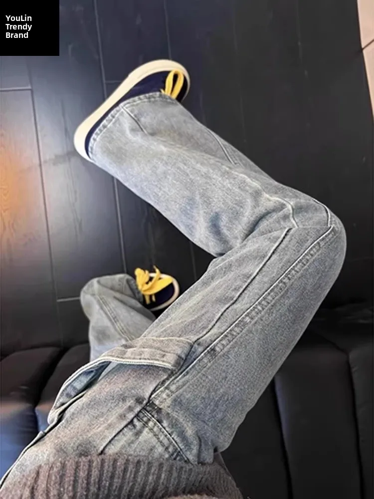 

Cleanfit Blue Angle Cut Straight Leg Men's Jeans American Retro Workwear Loose Fit Casual Trousers Youthful Vintage Sle