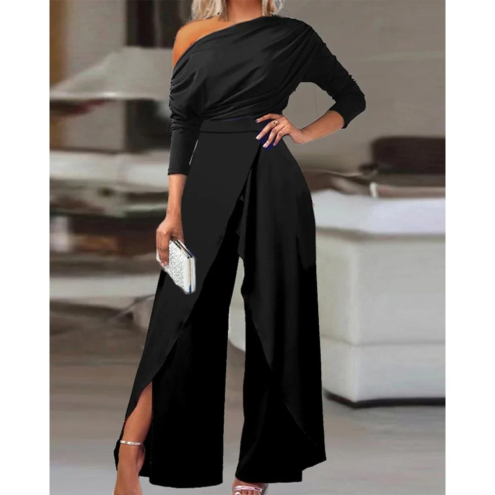 

Sexy Women Ruched Cold Shoulder Split Hem Wide Leg Jumpsuit Summer Casual Long Sleeve Skew Neck Femme Robe Lady Work Outfits