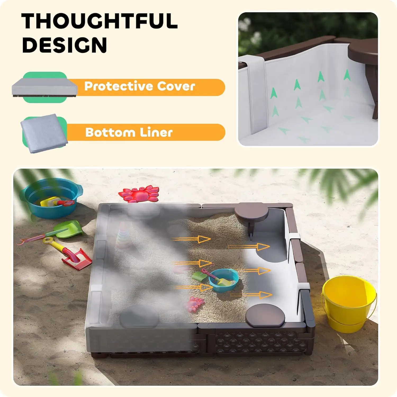 Sandbox per bambini con coperchio, fossa di sabbia da 47 "con rivestimento inferiore impermeabile, 4 sedili incorporati, scatola di sabbia per esterni resistente alle intemperie fo