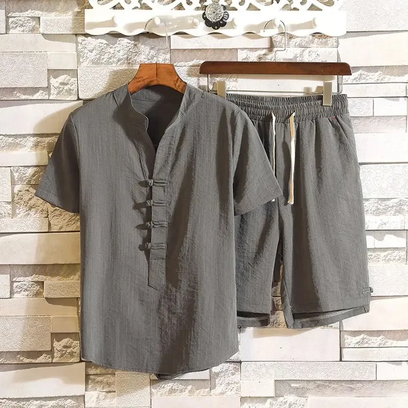 Herensommeroutfit in vintage Chinese stijl, 2-delig, linnenmix, ijskoud aanvoelend, mandarijnkraag, korte mouwen en casual shorts.