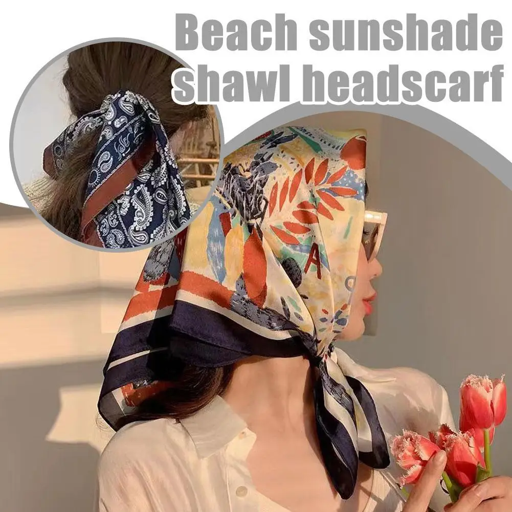 

New French Retro 70 Square Scarf for Women, Versatile Summer Sunscreen Silk Scarf, Ins Beach Sunscreen Shawl Headscarf