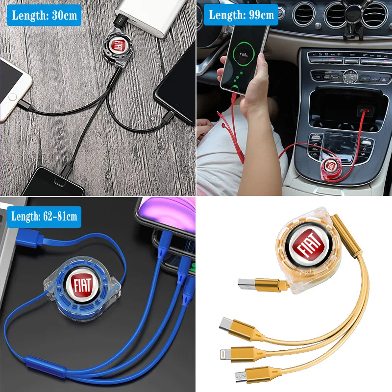 Fiat Car Logo Fast Charging Cable 3 in 1 UsB Cable Type C Micro USB For Stilo Ducato Panda 500 Pondo Abarth Punto Palio Viaggio