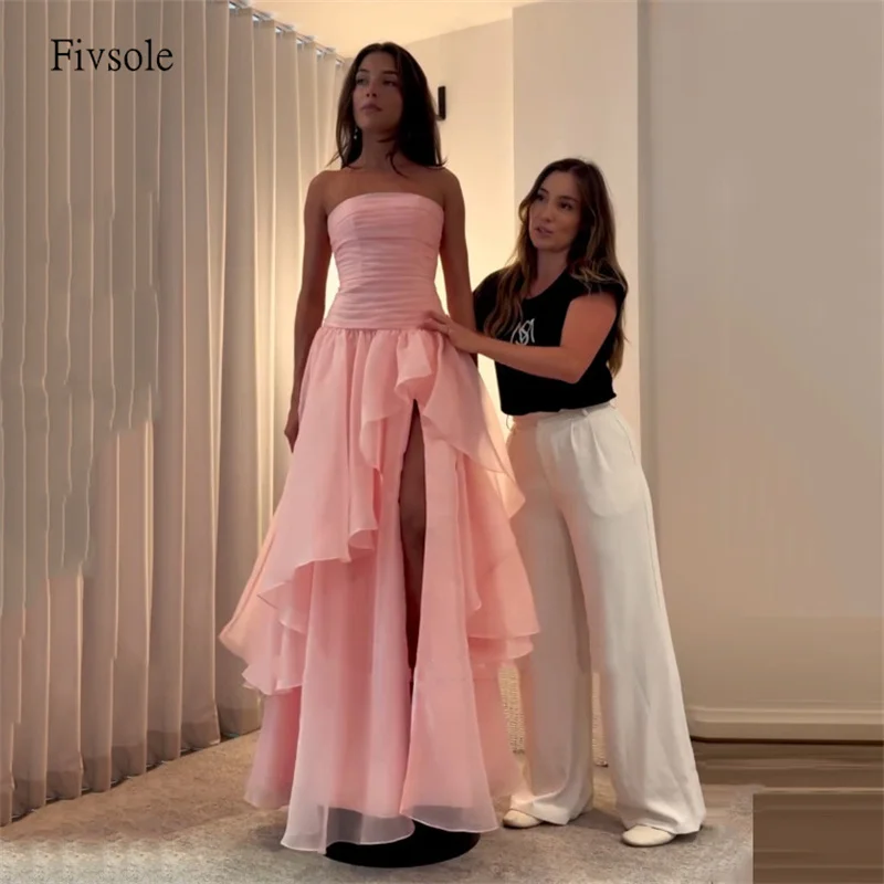 

Fivsole Maxi Pink/Blue Strapless A Line Prom Gowns Pleated Party Gown Floor Length Evening Dress vestido de gala Customized