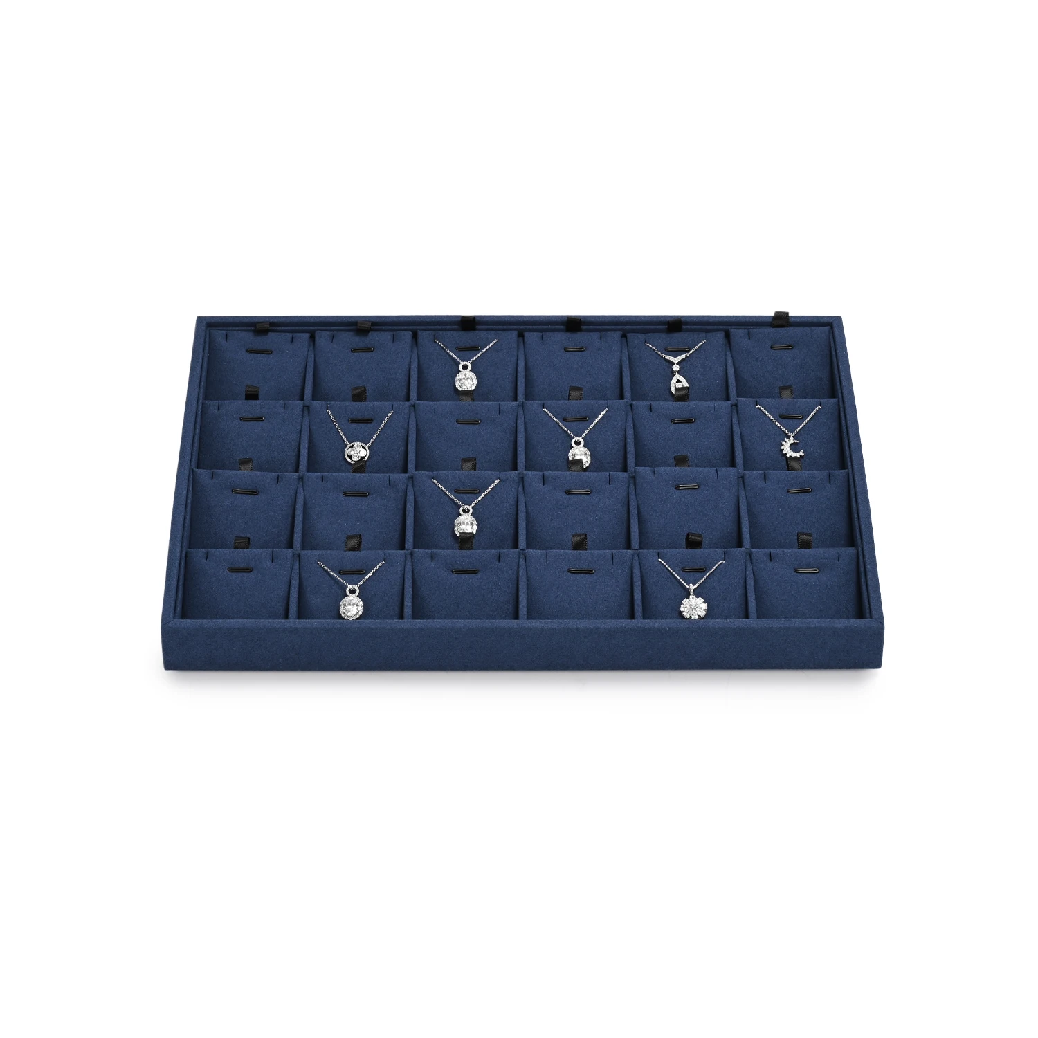 Oirlv Navy Blue Velvet Necklace and Pendant Storage Display Tray - 24Compartment Organizer with Slot Design for Jewelry Showcase