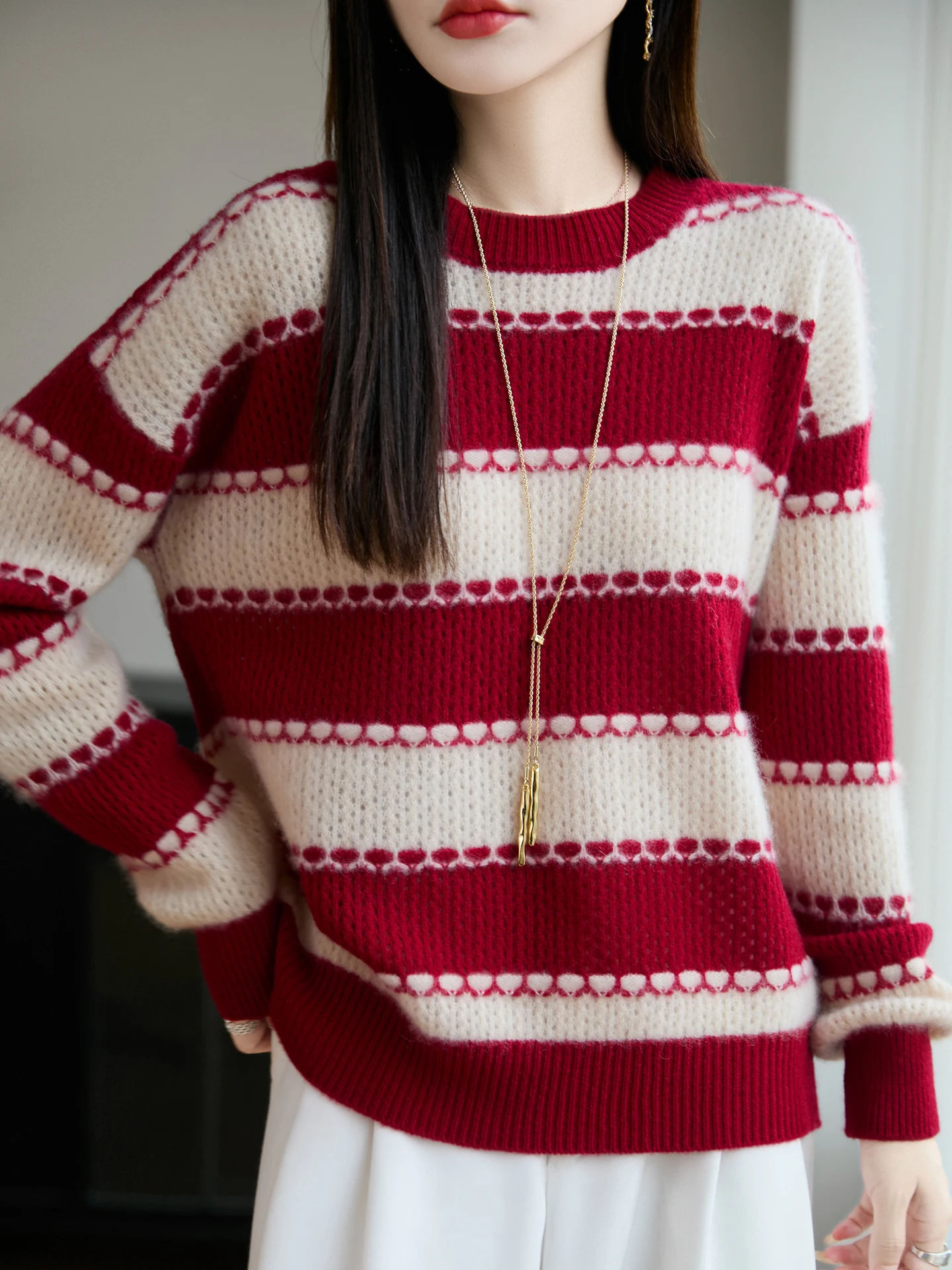 

Женский пуловер из 100% мериносовой шерсти с круглым вырезом и длинными рукавами, осень-зима, семи калибра, контрастного цвета, ажурный полосатый пуловер, свитер