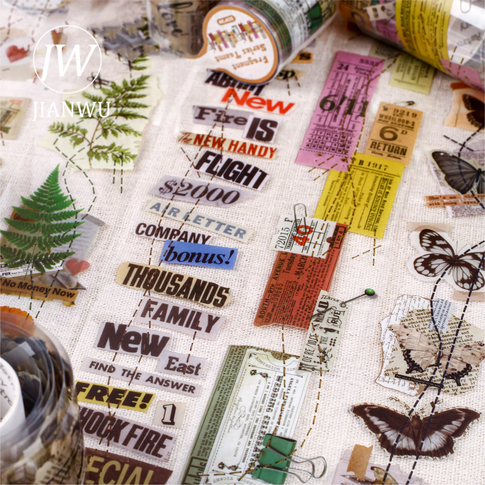 JIANWU Fragment Series Vintage Plant Butterfly Words Landscape Material Collage Scrapbook PET Tape Creative Journal Stationery