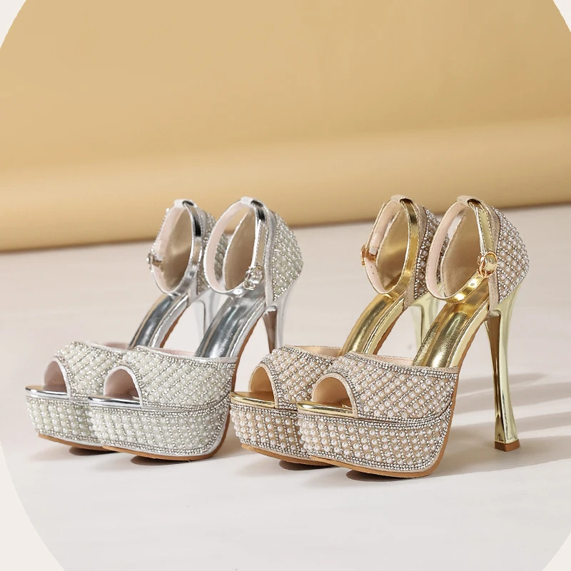 Aneikeh Fashion Glitter Crystal Pearl Platform Sandals Women Buckle Strap Sandals Sexy High Heels Shoes Peep Toe Platform Pumps