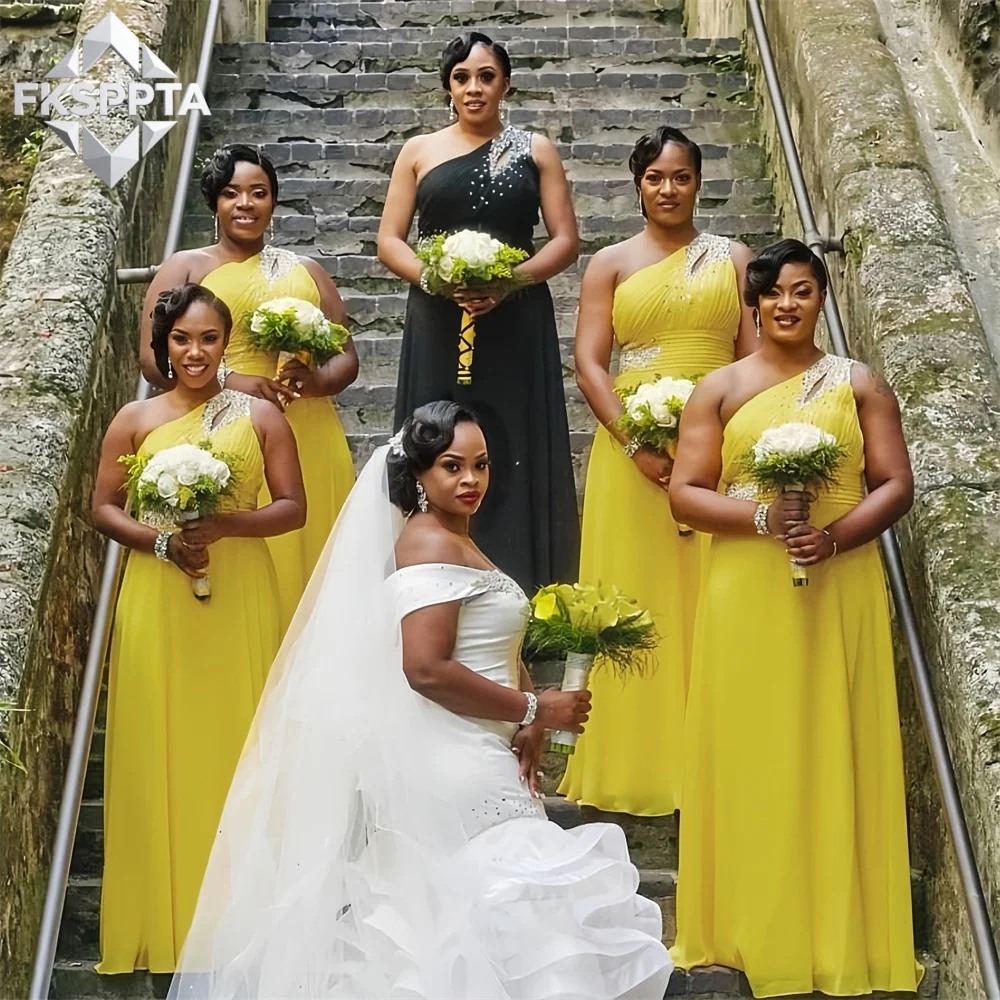 Long One Shoulder Bridesmaid Dresses Chic Beading Chiffon A Line Floor Length Maxi Wedding Guest Gowns Cheap Vestido De Festa
