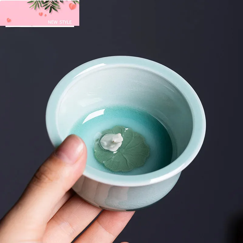 

100ml Chinese Longquan Celadon Teacup Pure Handmade Lotus Pond Frog Fun Master Cup Coffee Mug Chazhan Tea Bowl Kung Fu Teasets