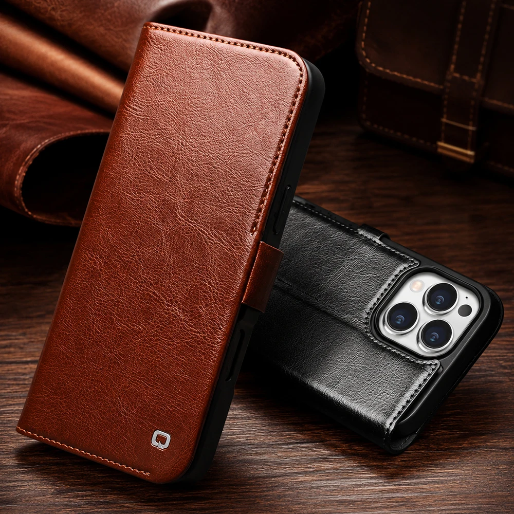 

For iPhone 16 Pro Max 16 Plus Genuine Leather Wallet Case Flip Stand Card Holder Business Shockproof Cover