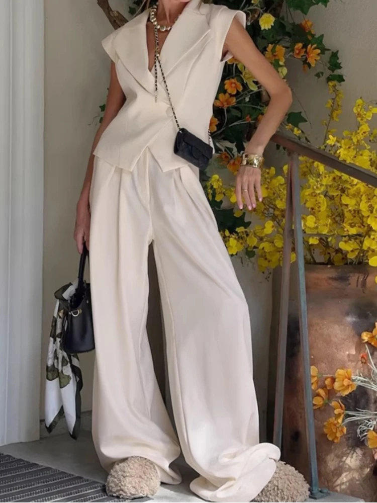 Elegant Two Piece Set Women Luxury Blazer Vest Crop Top High Waist Wide Leg Pants Suit Office Lady Party Outfits Vestidos