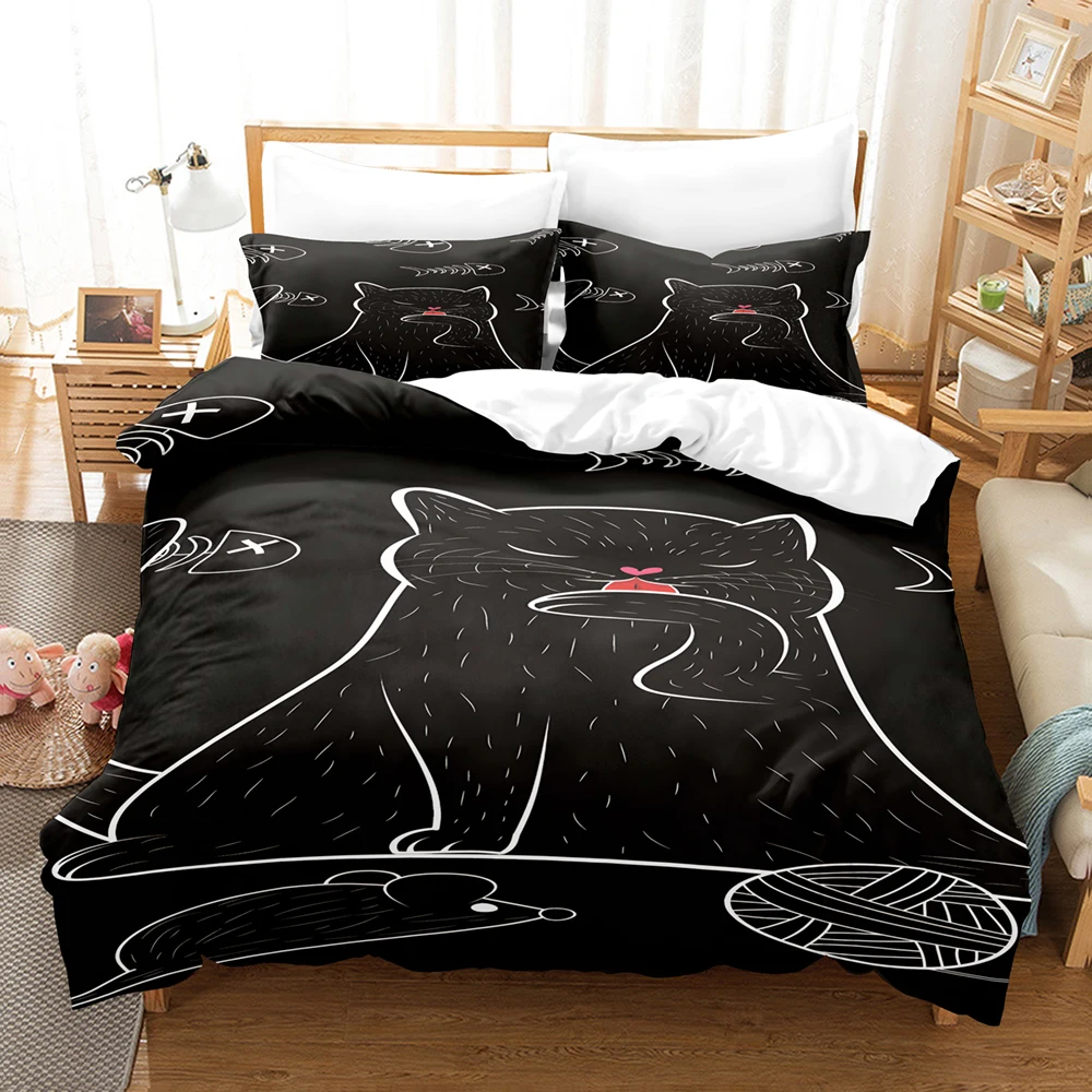 Line Kitten Bedding Set Cartoon Comforter Sets Double Queen King Twin Full Size Duvet Cover Set Kids Girls White Bed Linen