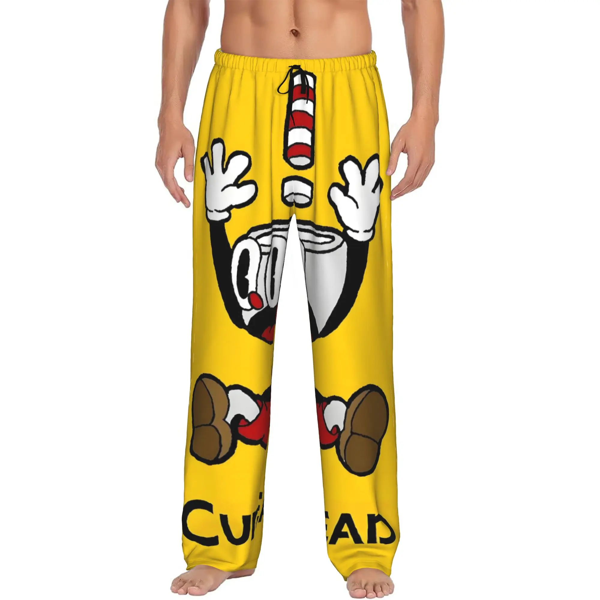 Custom Print Men's Cuphead And Mugman Pajama Pants Anime Game Sleepwear Sleep Lounge Bottoms with Pockets