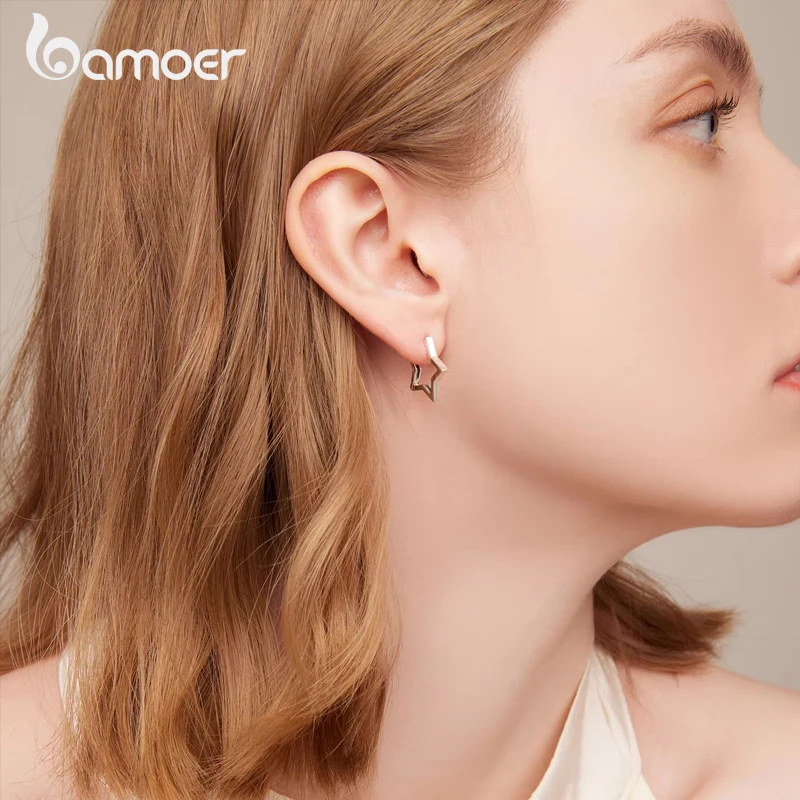 BAMOER 925 Sterling Silver Starlike Earrings Star Shape Ear Buckle Minimalist Earrings Daily for Women Fashion Jewelry SCE1136