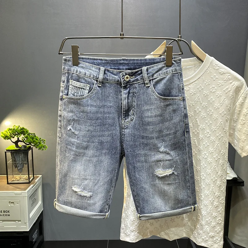 Celana denim robek untuk men2024summer mode baru cetak Pu Shuai semua cocok longgar lurus kasual celana crop kualitas tinggi