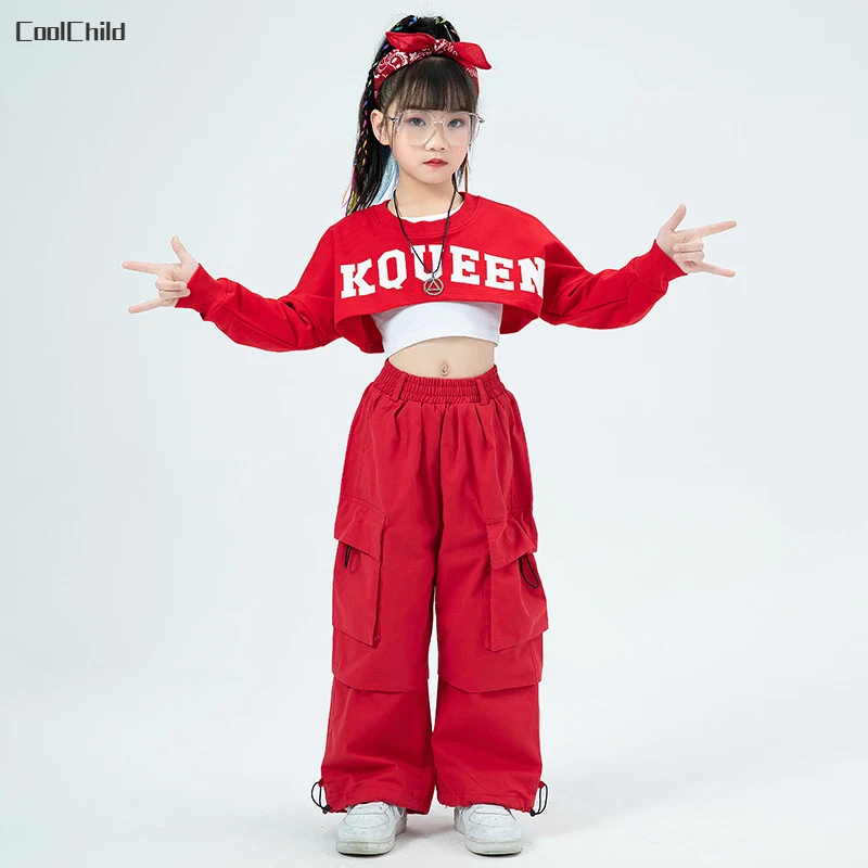 Girls Hip Hop Crop Jacket Solid Cargo Pants Clothes Set Kids Jazz T-shirt Street Dance Contrast Joggers Child Streetwear Outfits