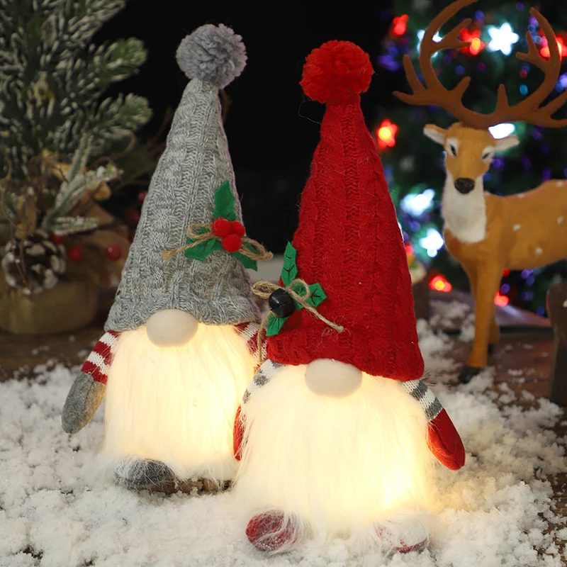 1pc Red and Gray Two-Tone Knitted Hat Rudolph Figurine, A Christmas Ornament Decorated with Red Berries