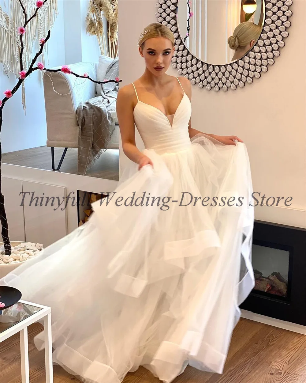 Thinyfull Ivory A Line Ruffles Wedding Dresses Boho Spaghetti Straps Pleats Bride Wedding Party Gowns V-neck Bridal Dress 2022