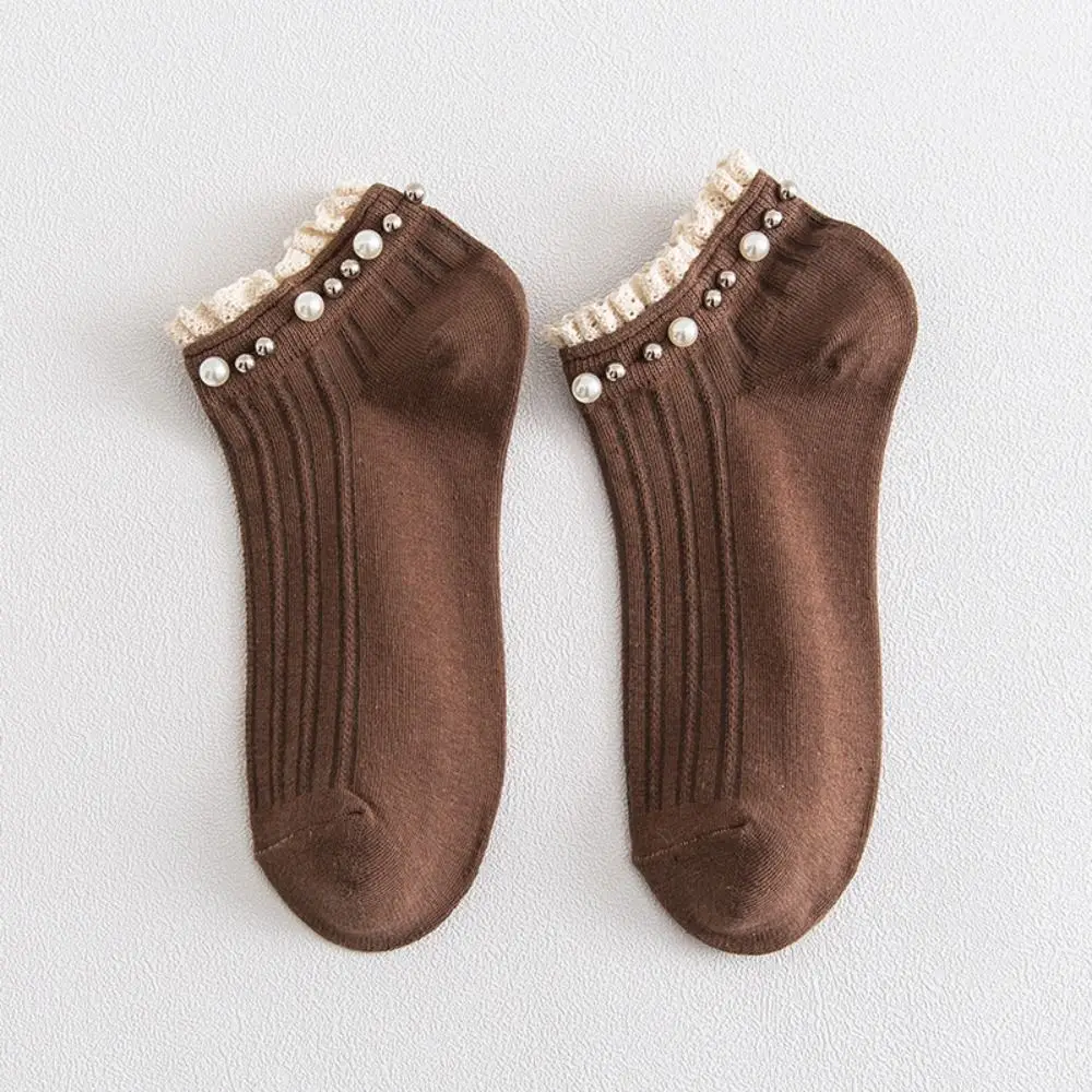 

1Pair Elastic Women Ankle Socks Candy Color Breathable White Frilly Socks with Pearl preppy Style Trainer Socks Women Girls