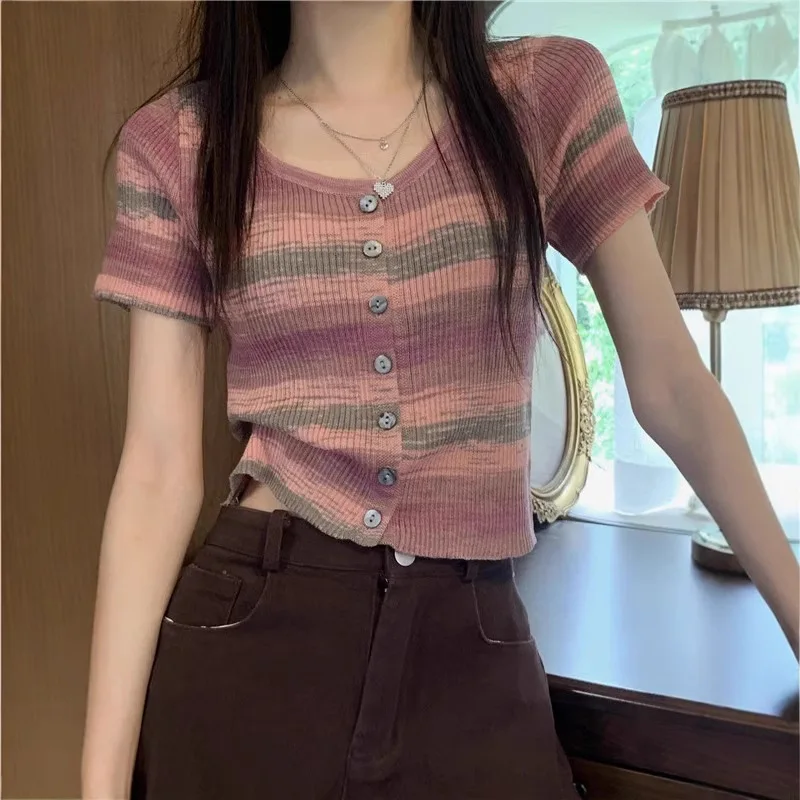 Women's Gradient Striped Ribbed Knit Top, Short-Sleeve Button-Down U-Neck Cropped Cardigan, Slim-Fit Casual Summer Tee